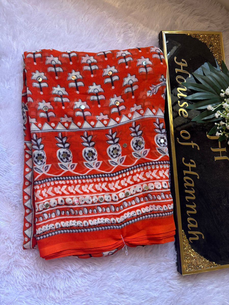 Georgette Ajrakh Mirror Saree- Tangerine Orange