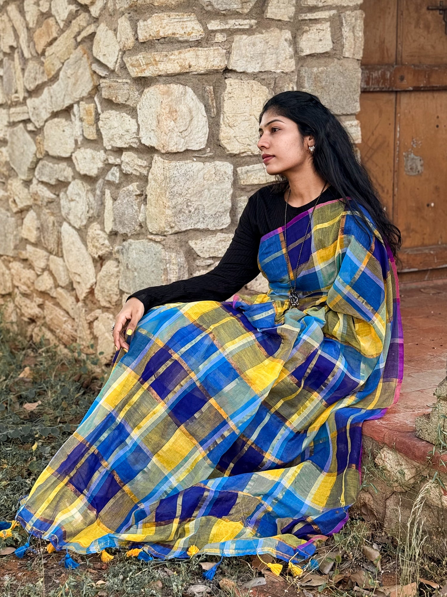Mul Mul Cotton Saree — Royal Sunshine Checks