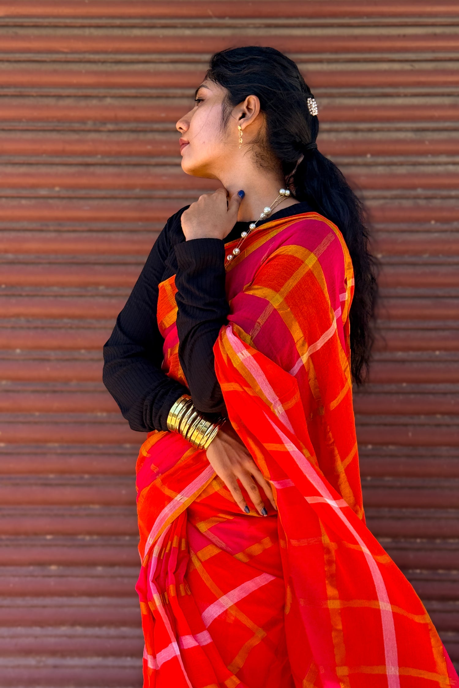 Mul Mul Cotton Saree — Red & Orange Checks