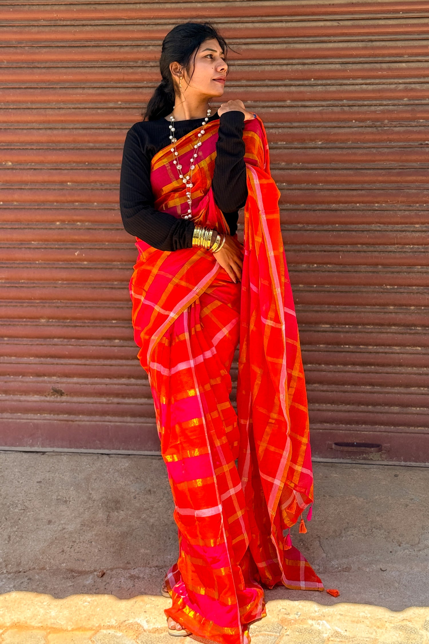 Mul Mul Cotton Saree — Red & Orange Checks