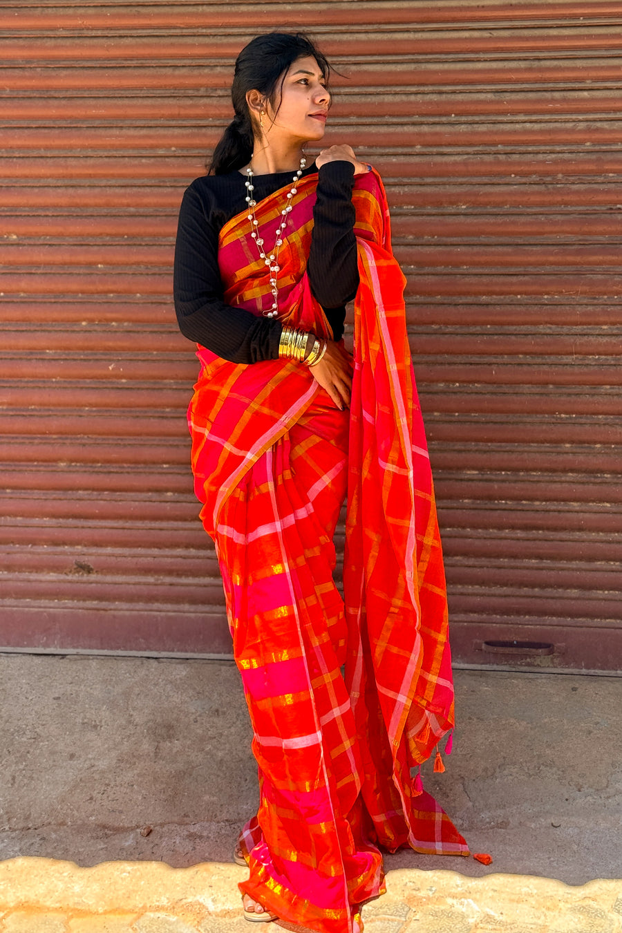 Mul Mul Cotton Saree — Red & Orange Checks