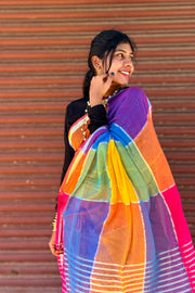 Mul Mul Cotton Saree — Magenta & Blue