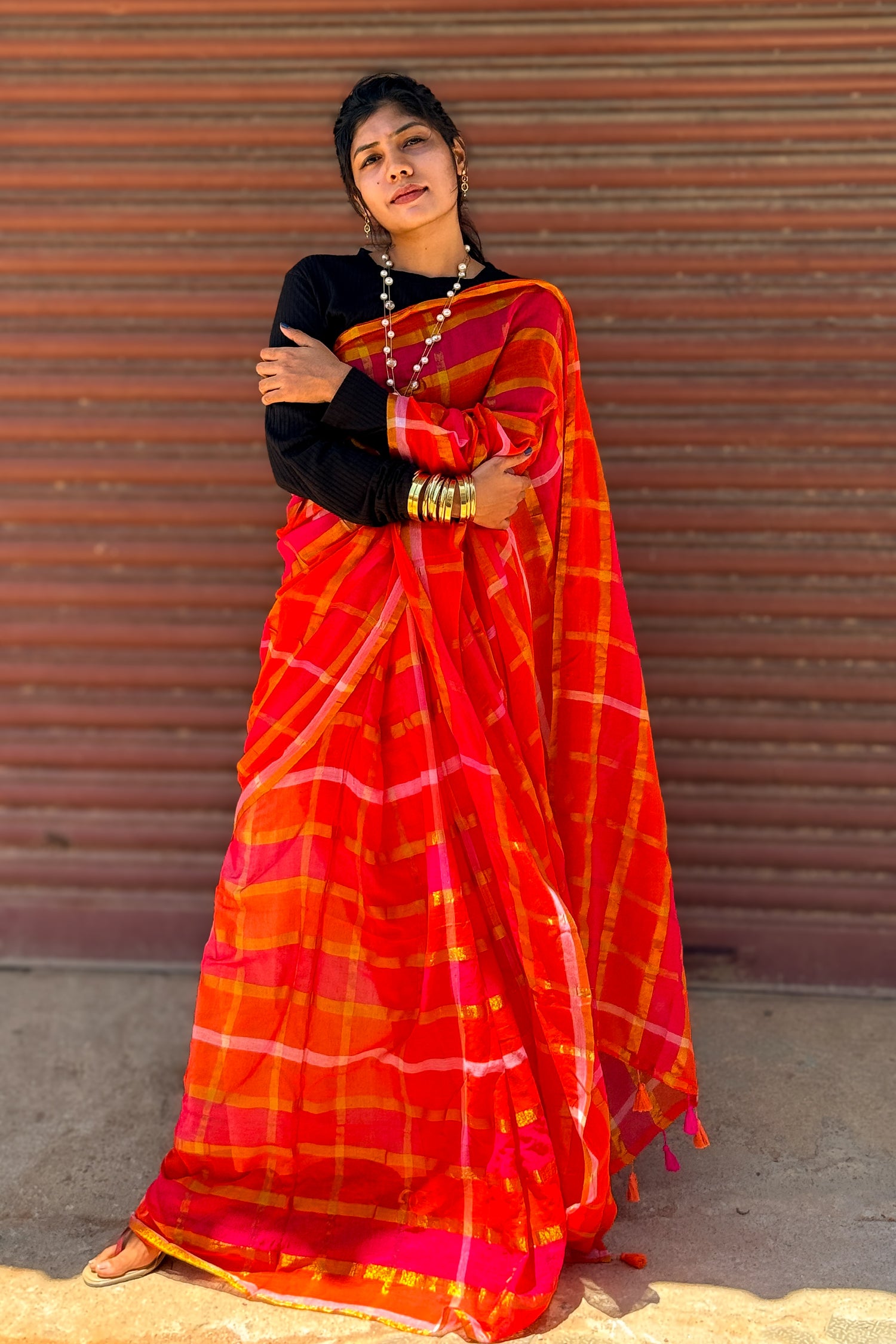 Mul Mul Cotton Saree — Red & Orange Checks