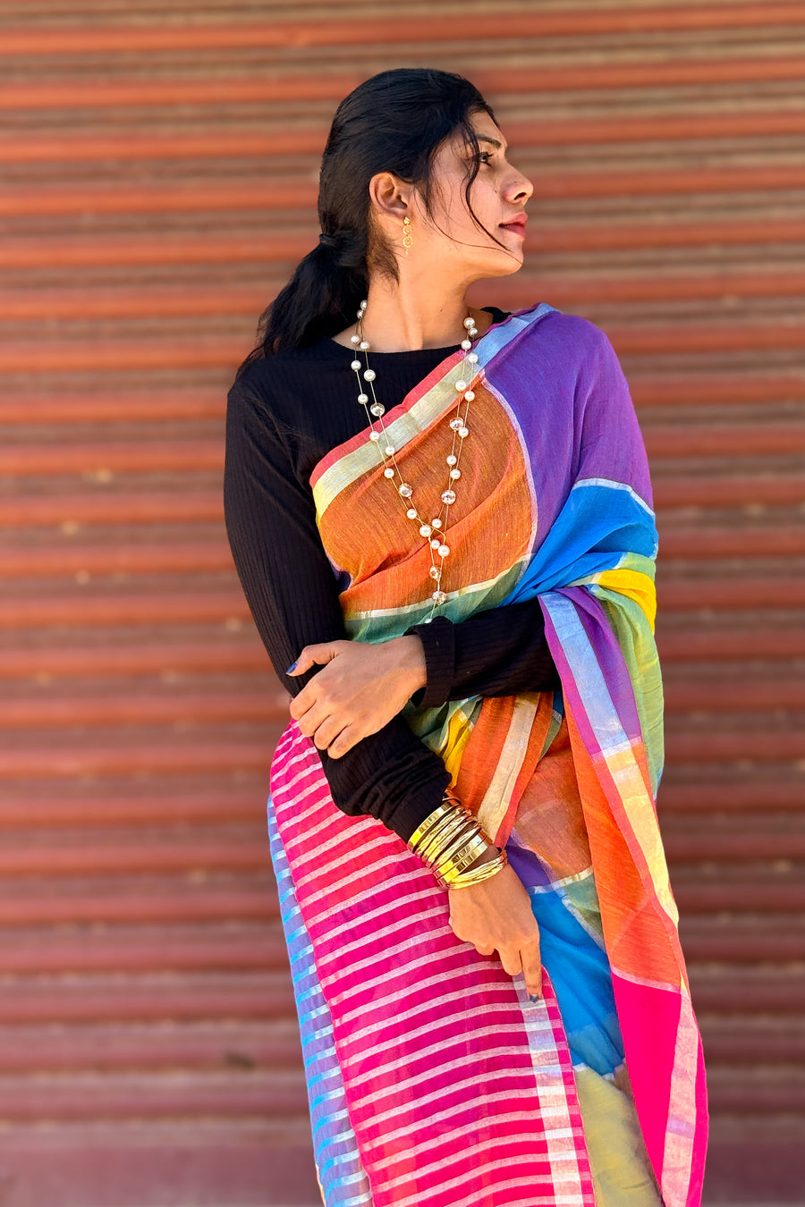 Mul Mul Cotton Saree — Magenta & Blue