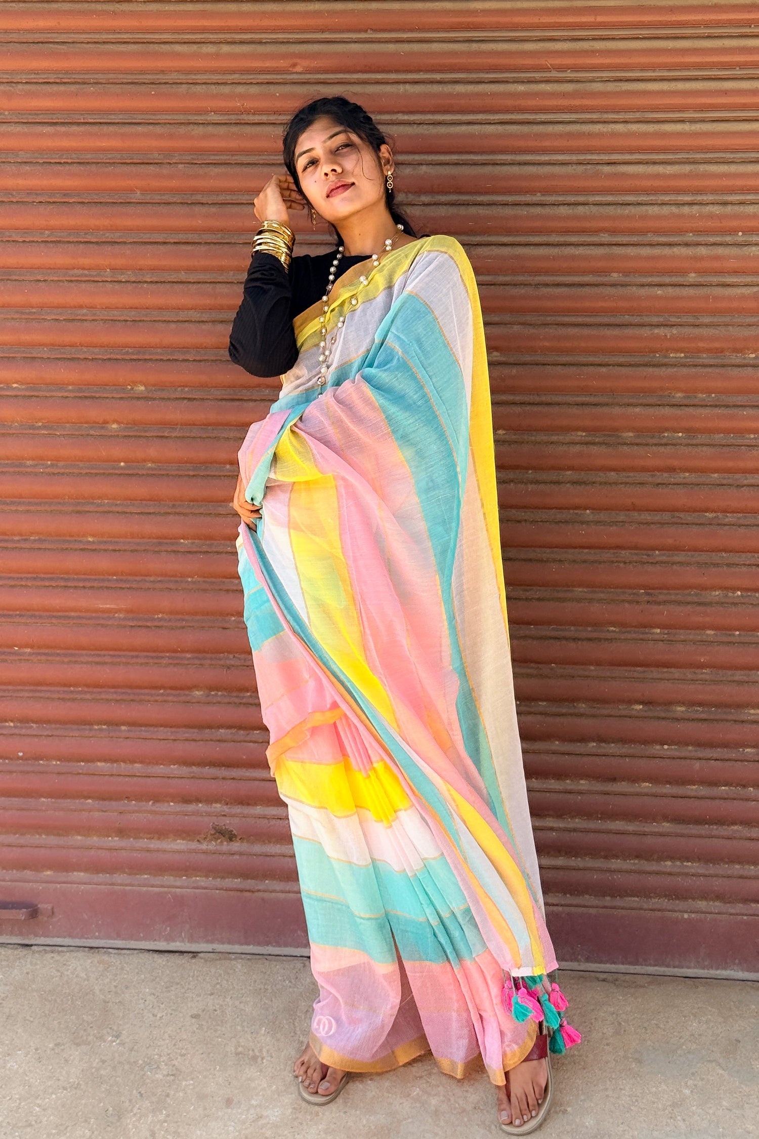 Mul Mul Cotton Saree — Pastel Stripes