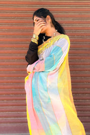 Mul Mul Cotton Saree — Pastel Stripes