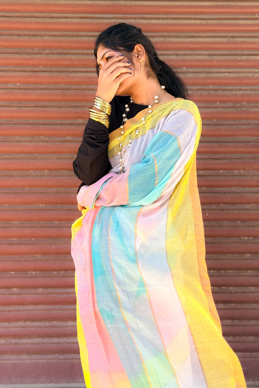 Mul Mul Cotton Saree — Pastel Stripes
