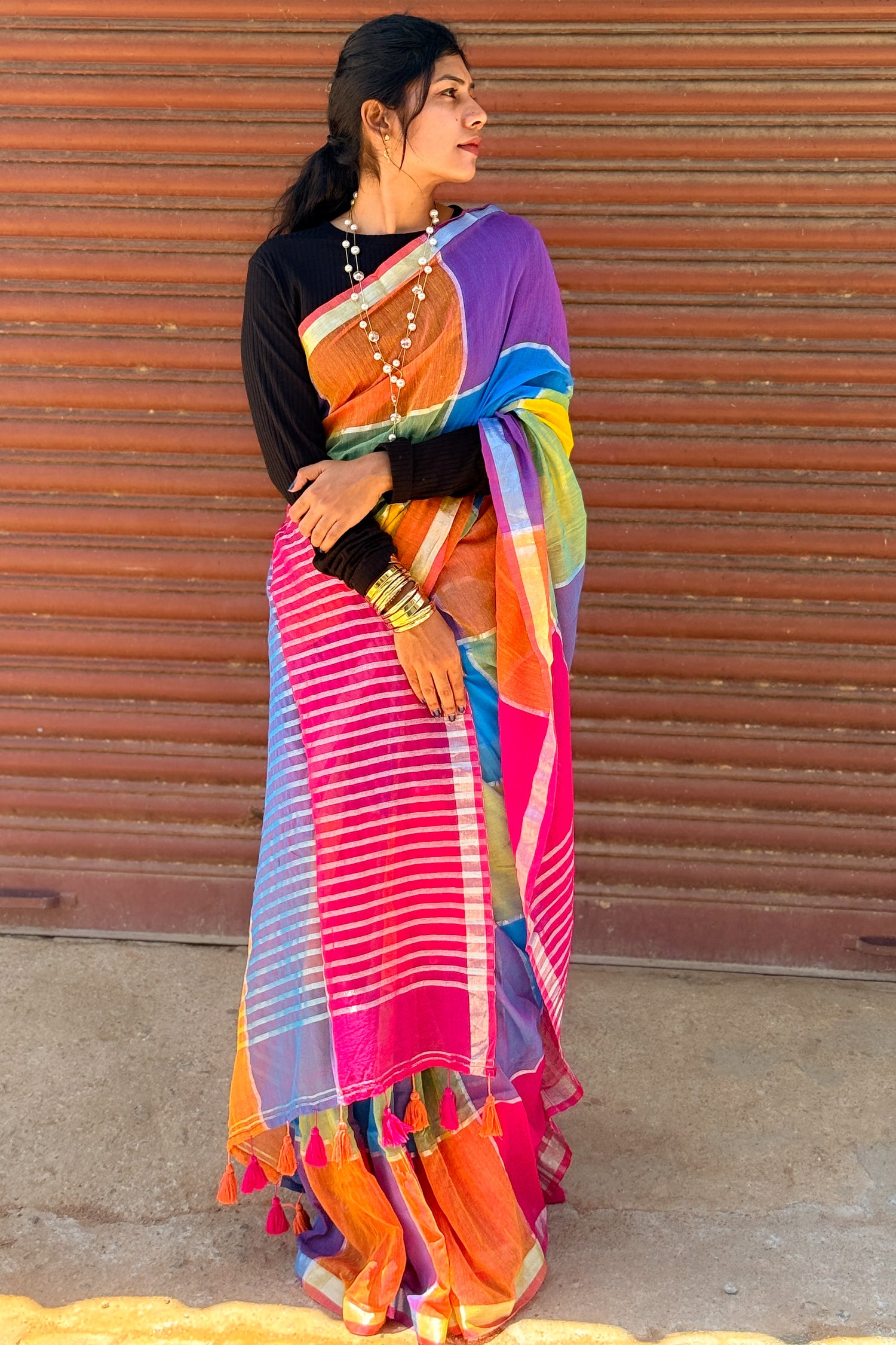 Mul Mul Cotton Saree — Magenta & Blue