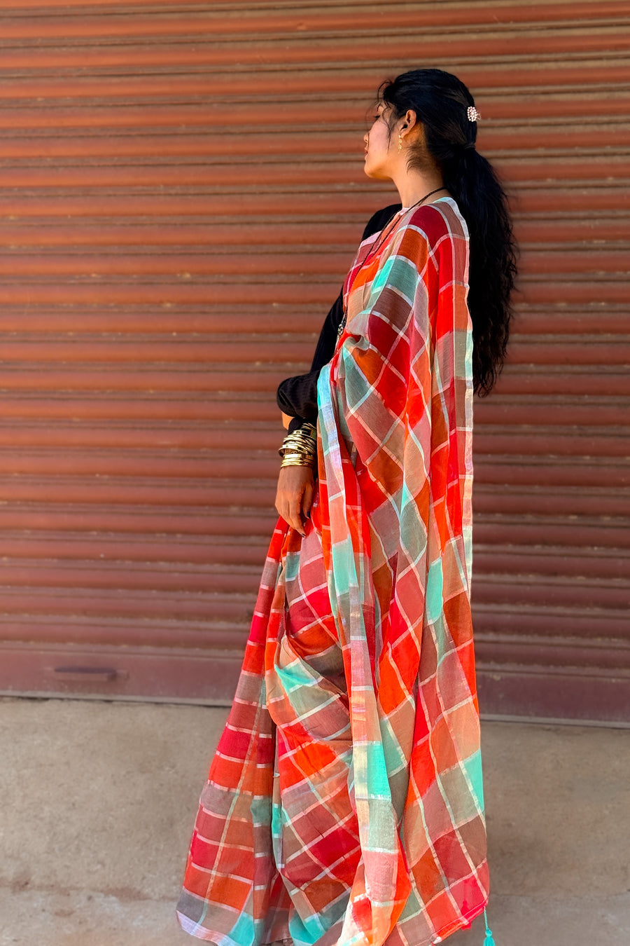 Mul Mul Cotton Saree — Rust & Teal Checks