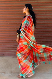 Mul Mul Cotton Saree — Rust & Teal Checks