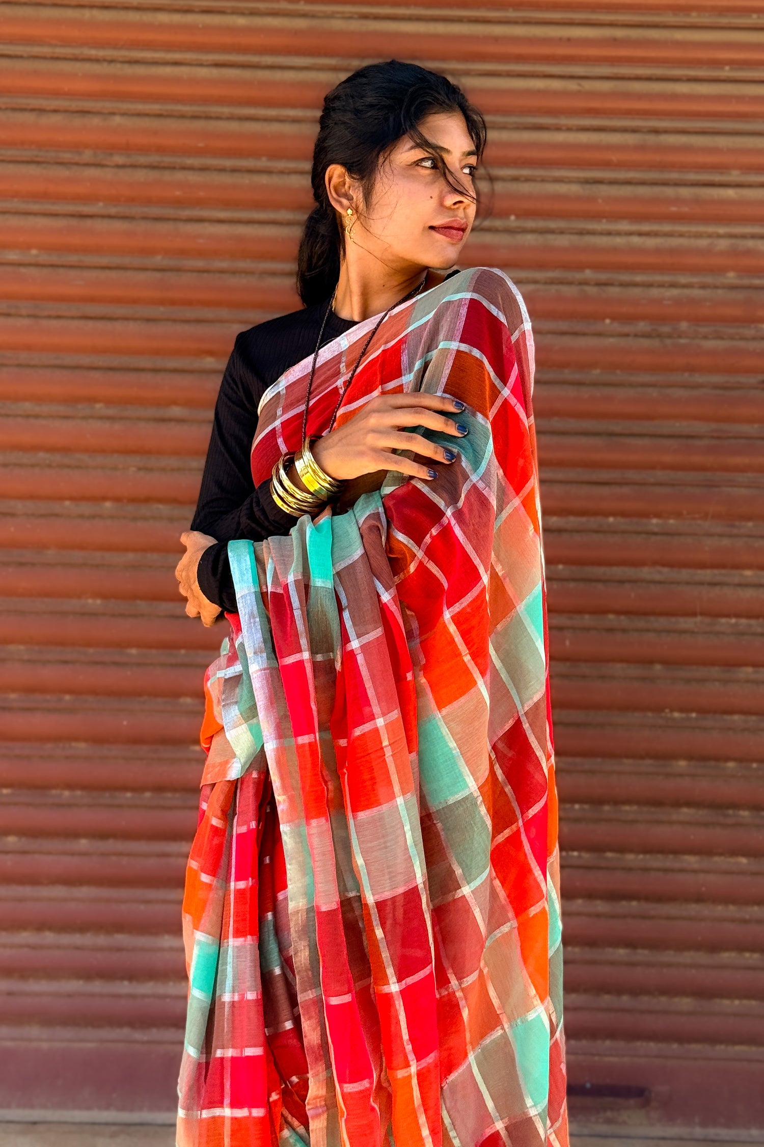Mul Mul Cotton Saree — Rust & Teal Checks