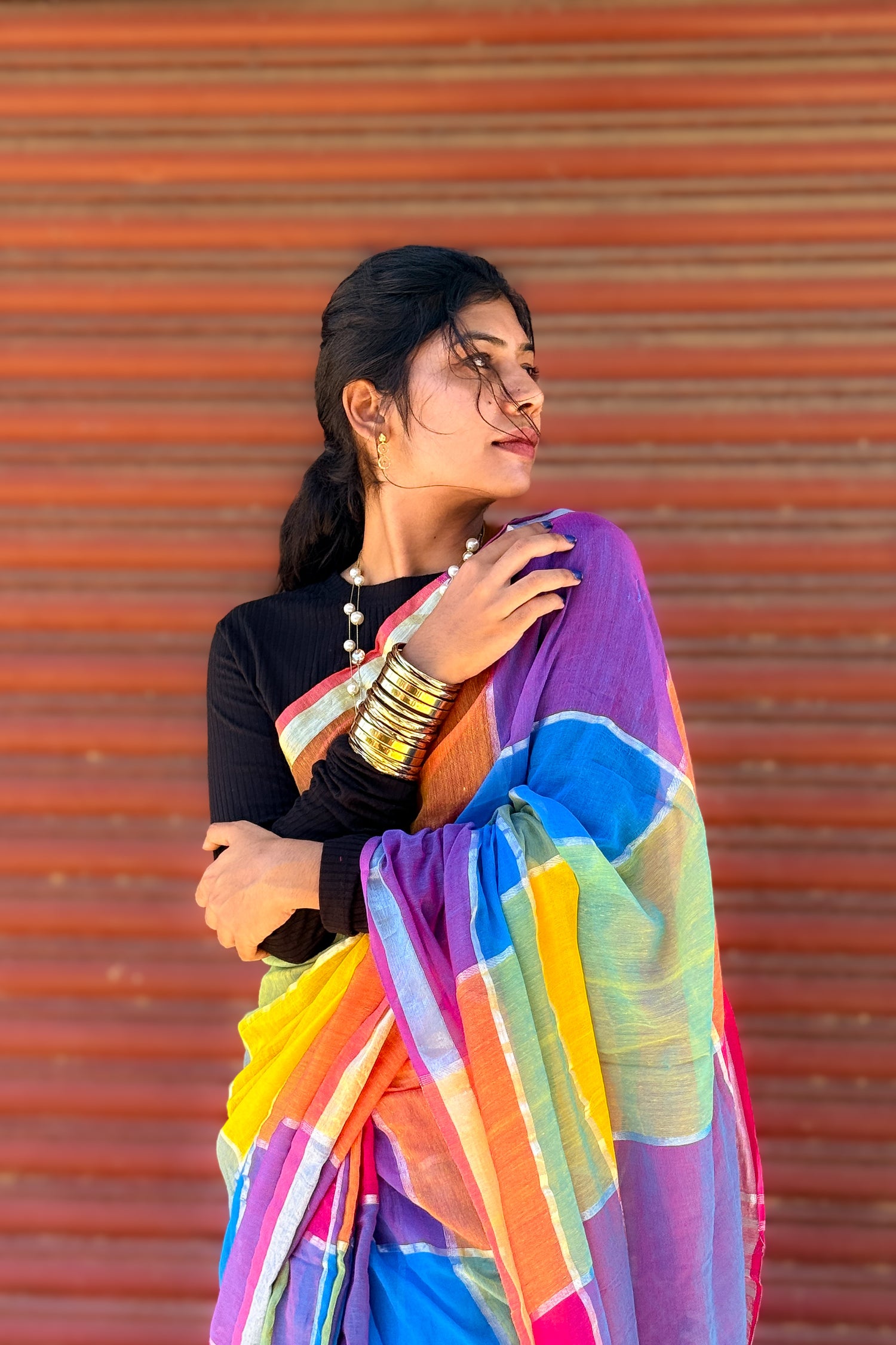 Mul Mul Cotton Saree — Magenta & Blue