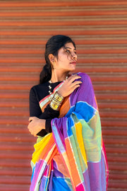 Mul Mul Cotton Saree — Magenta & Blue