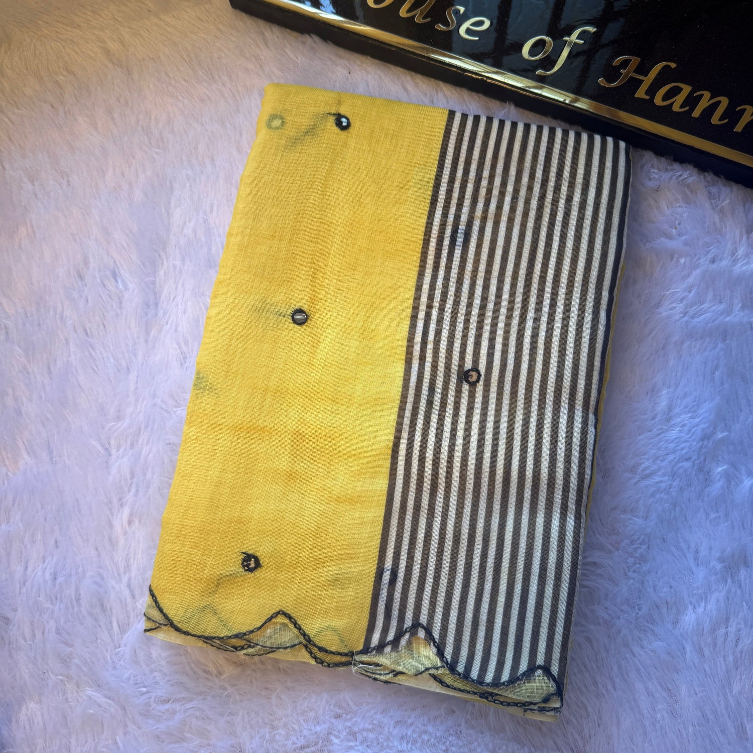 Maheswari Cotton Saree — Mustard & Charcoal Stripe