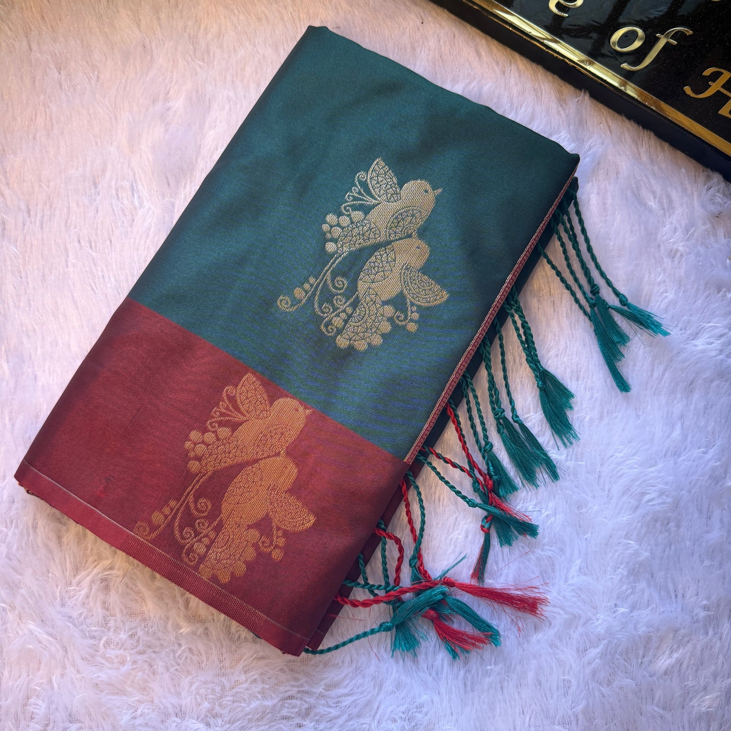 Kanchi Silk Saree — Bottle Green & Maroon Bird