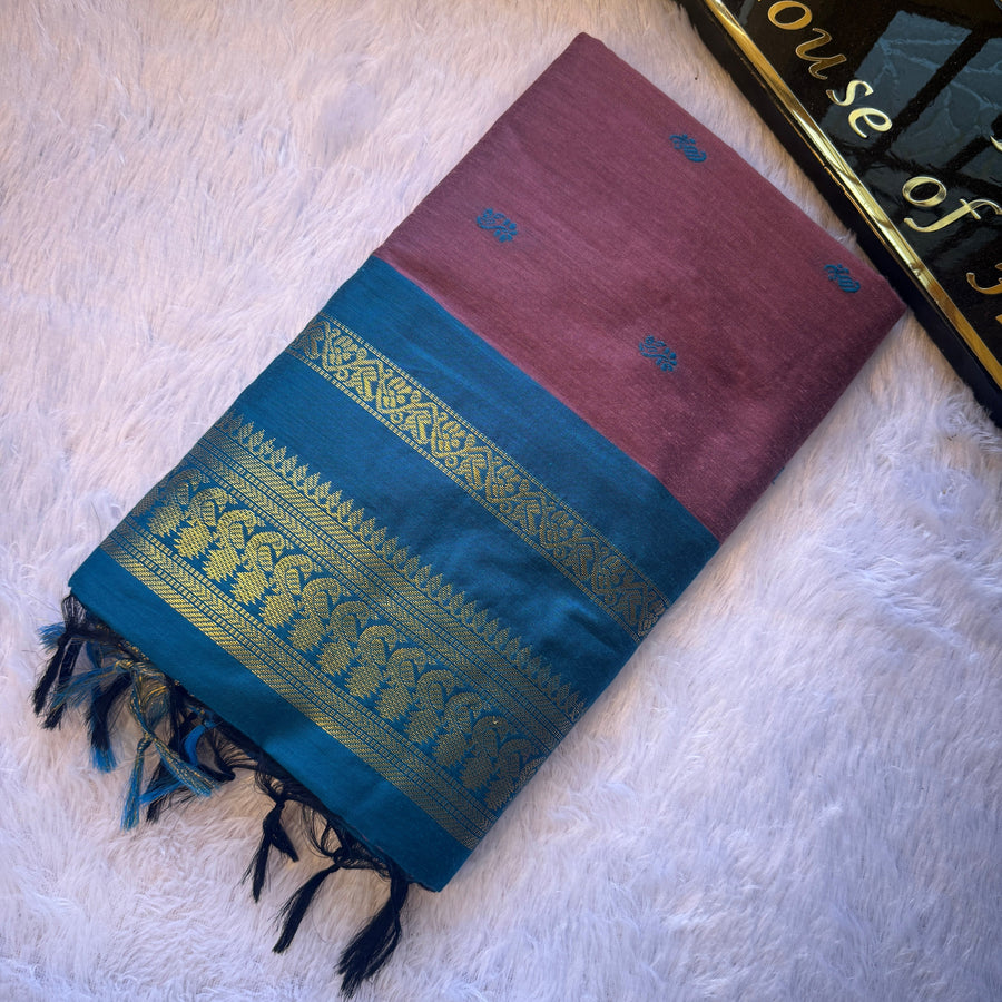 Maheswari Cotton Saree — Mauve & Teal