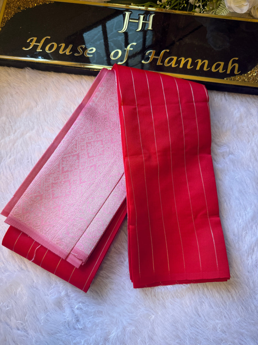 Kanchi Cotton Saree — Red & Pink