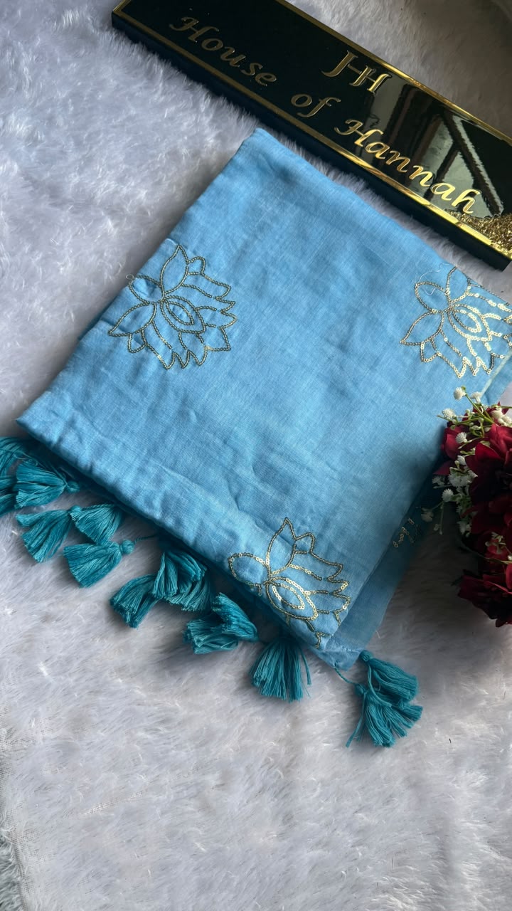 Sky Blue Lotus Mul Mul Cotton Saree