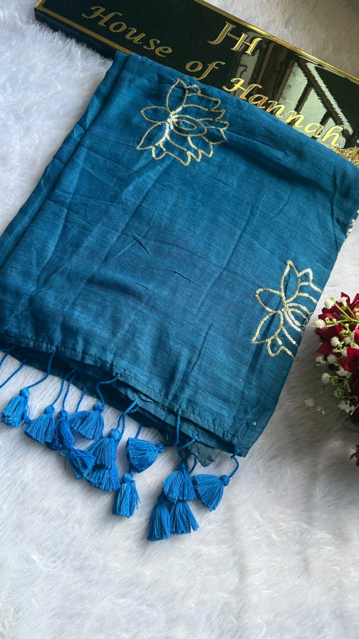 Deep Sapphire Blue Lotus Mul Mul Cotton Saree