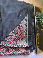 Charcoal Ajrakh saree with red and ivory block-printed border and mirror work