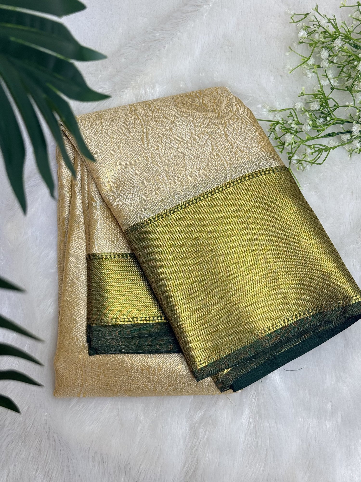 Bridal Tissue Silk Saree in gold and olive