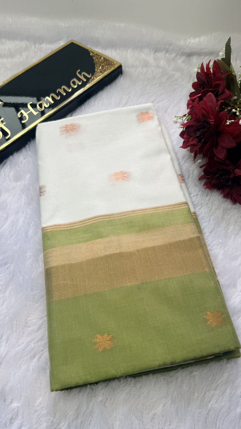 Kanchi Silk Saree — Ivory & Green