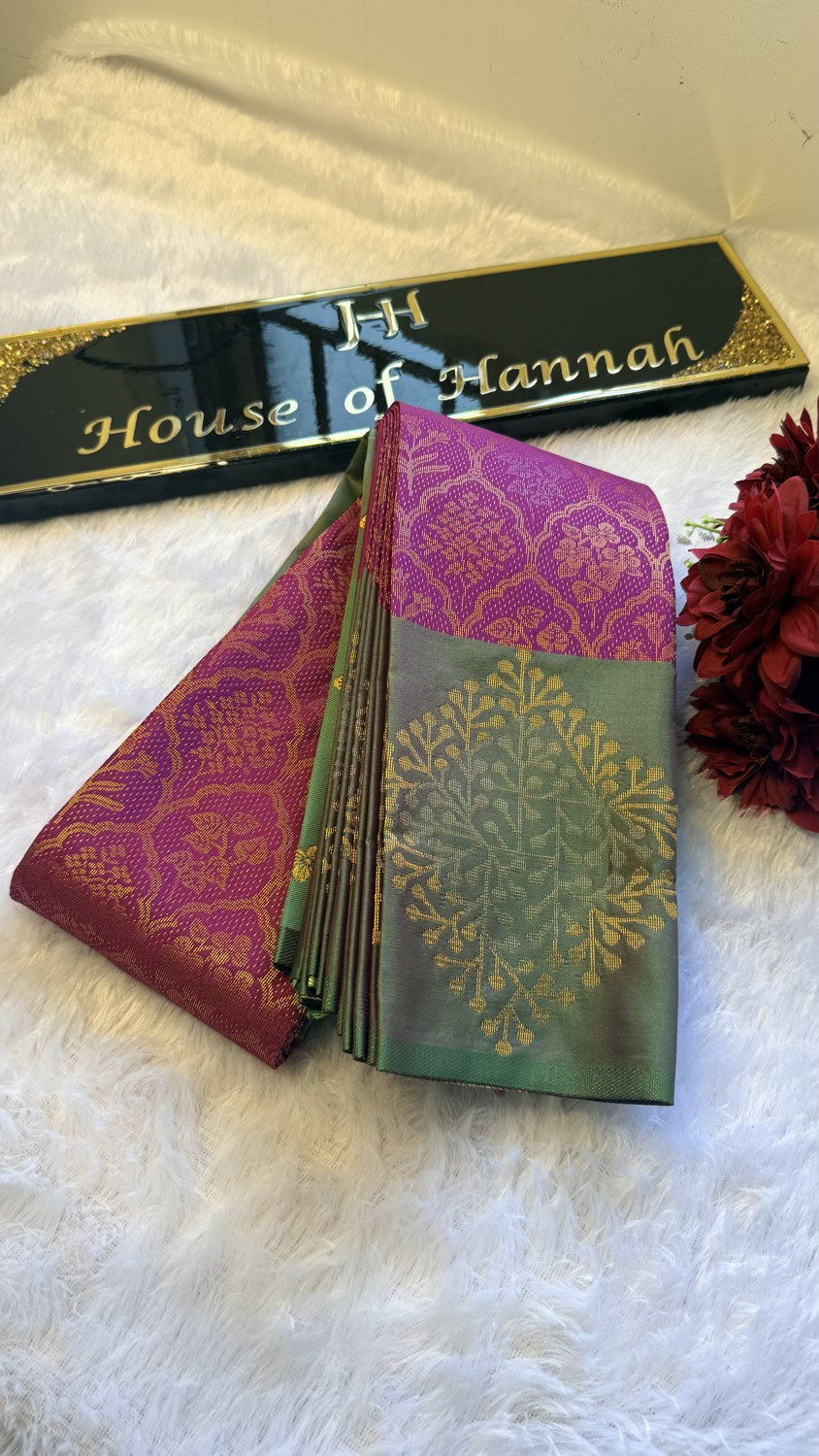 Kanchi Silk Saree — Magenta & Green Brocade