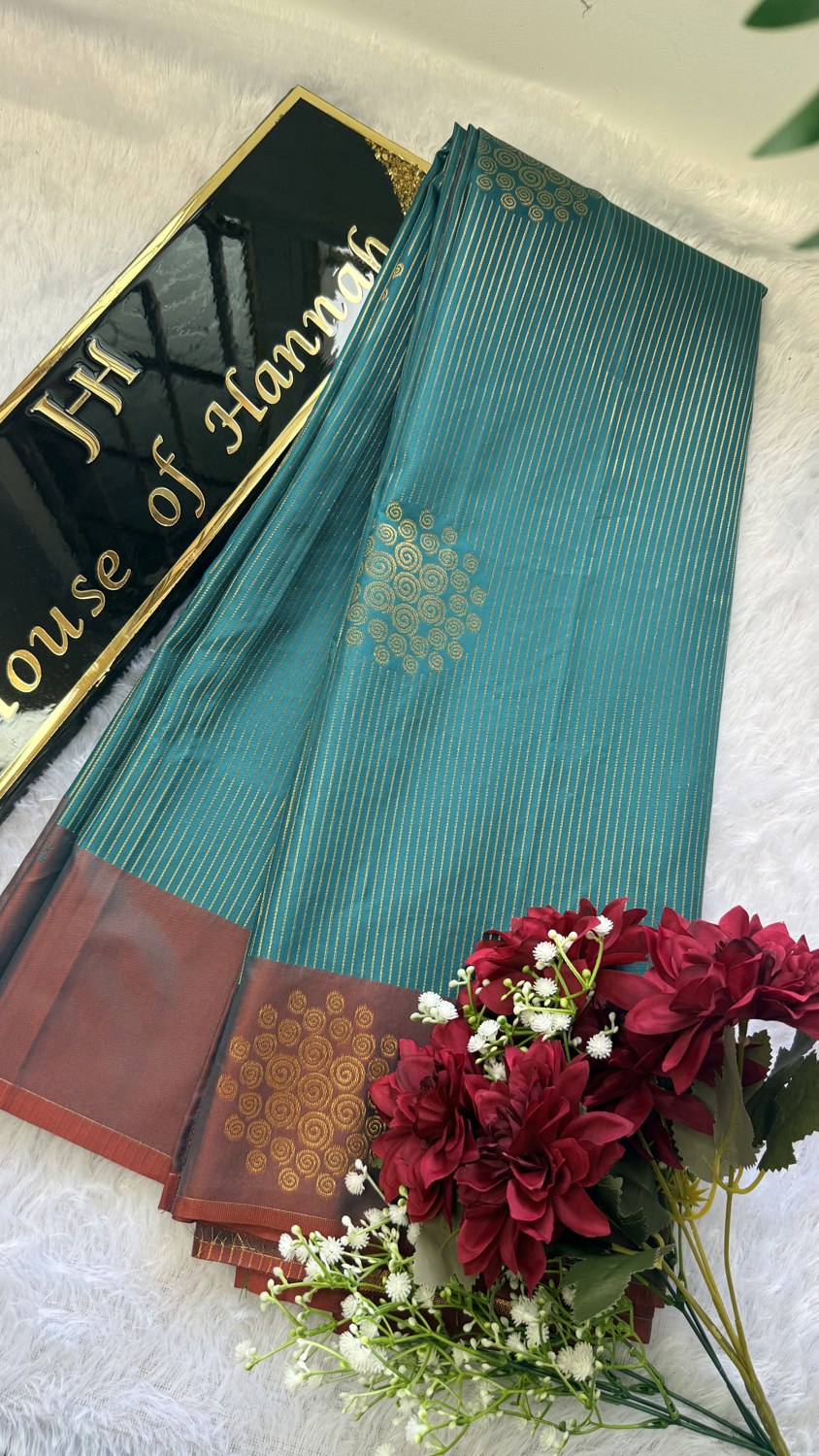 Kanchi Silk Saree — Teal & Maroon