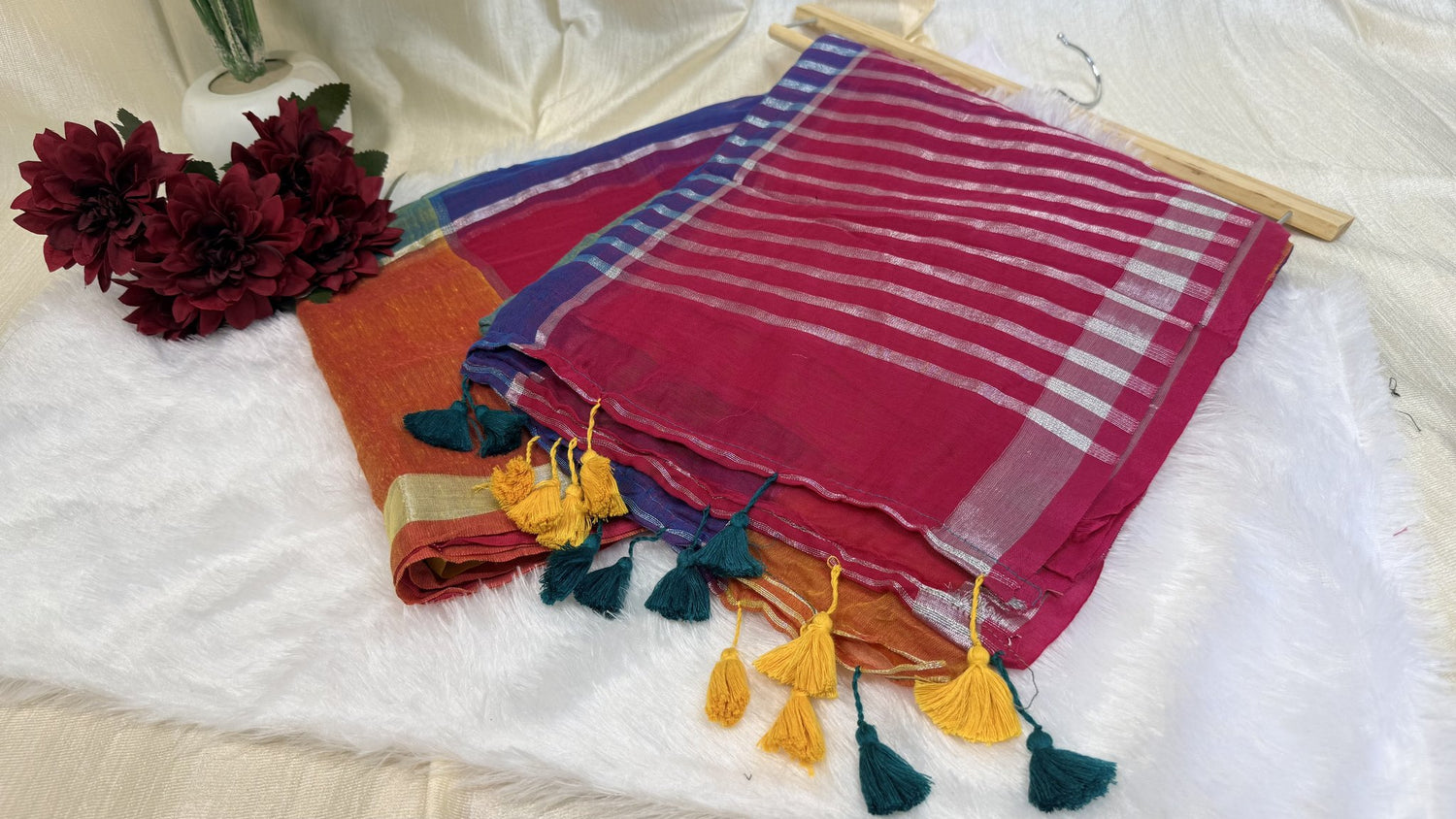 Mul Mul Cotton Saree in magenta and blue