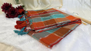 Mul Mul Cotton Saree in rust and teal checks