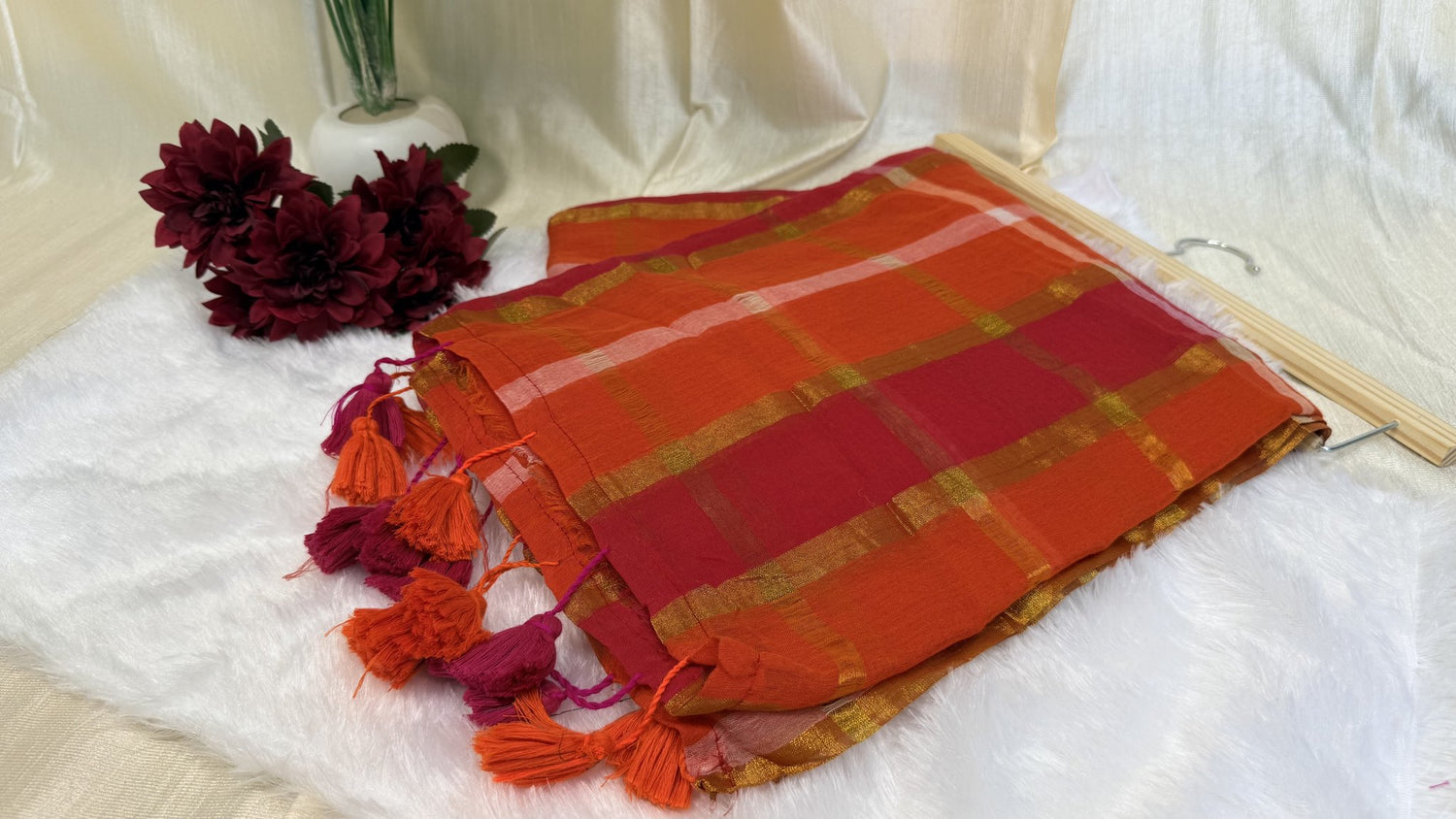 Mul Mul Cotton Saree in red and orange checks
