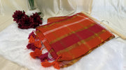 Mul Mul Cotton Saree in red and orange checks