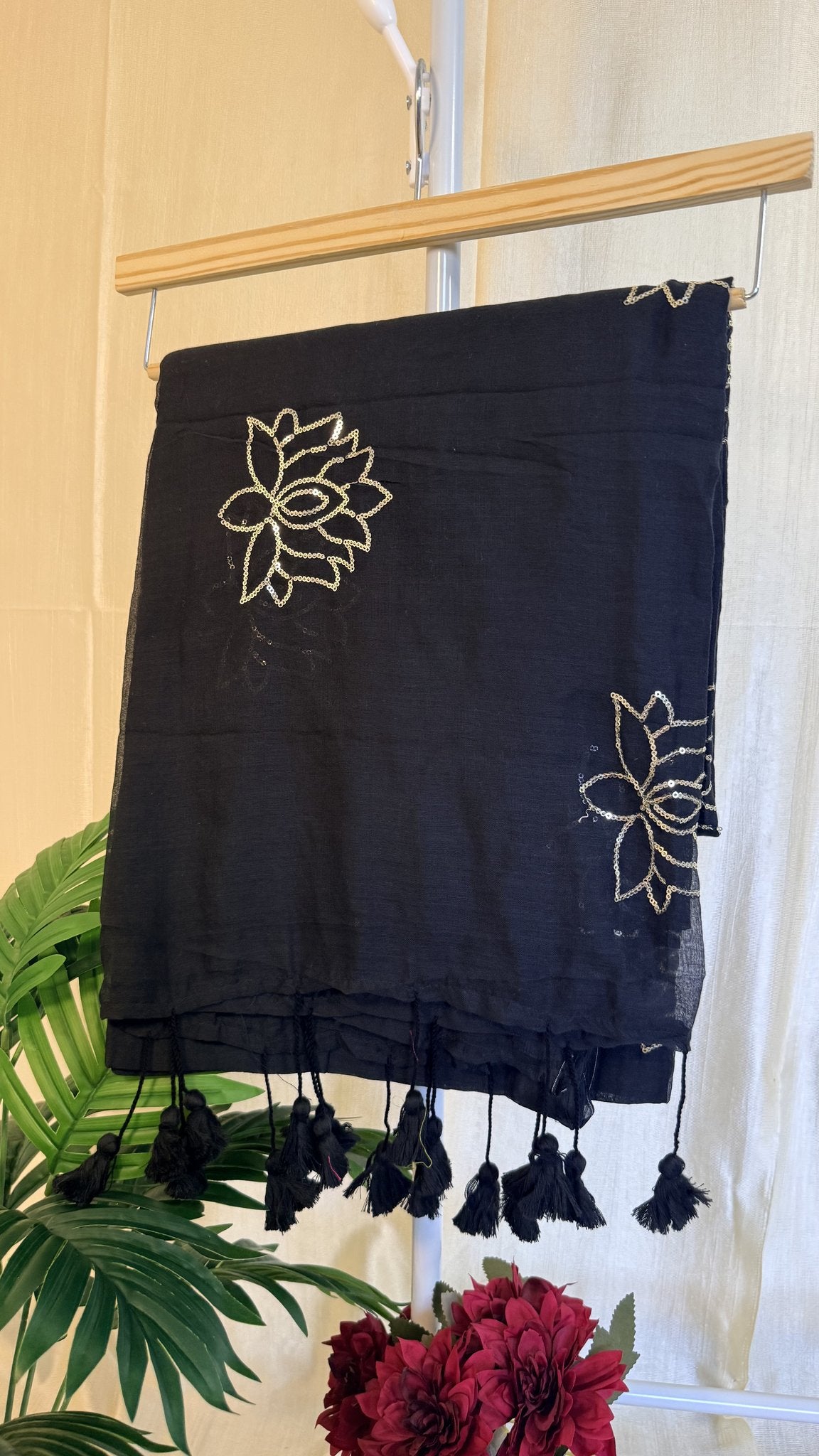 Black Mul Mul Cotton Saree with lotus motifs