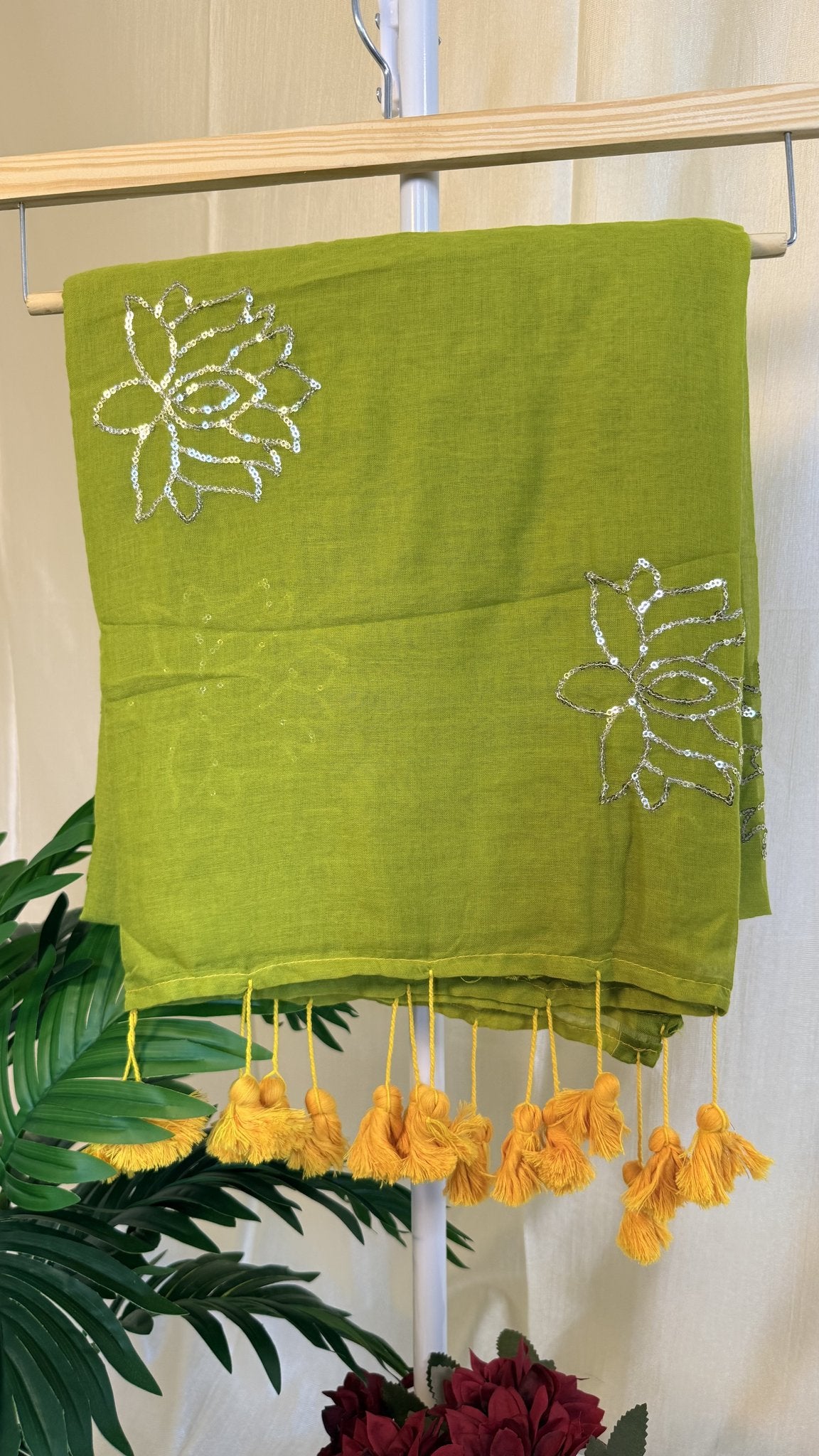 Fern green Mul Mul Cotton Saree