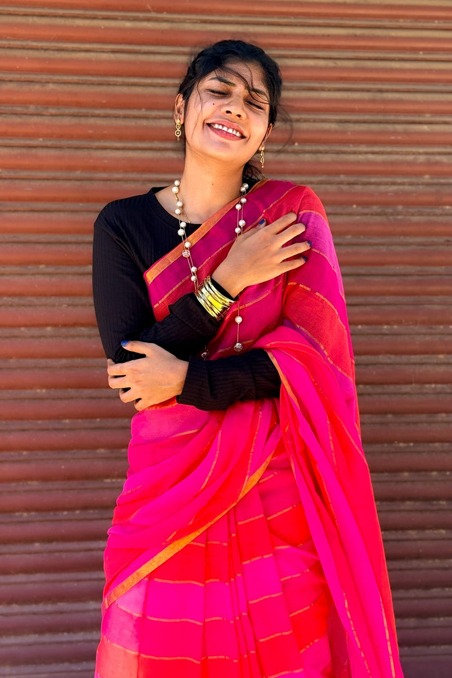 Mul Mul cotton saree in rani pink leheriya with gold zari stripes