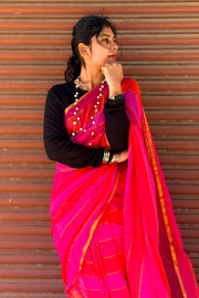 Full drape of rani pink leheriya mul mul saree