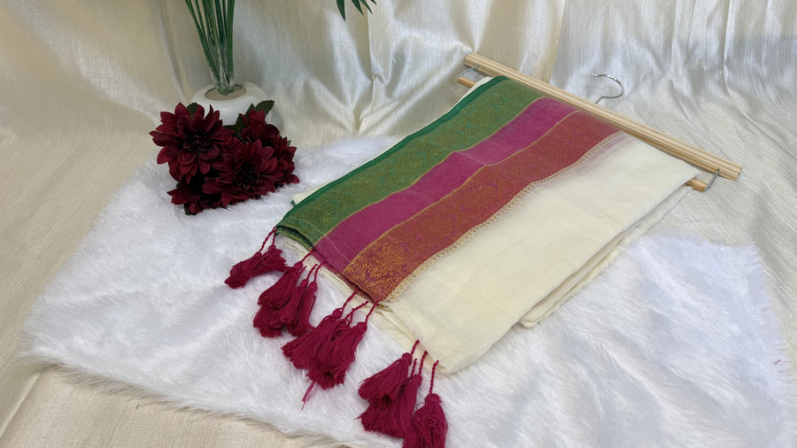 Onam Kasavu Saree with green and maroon border