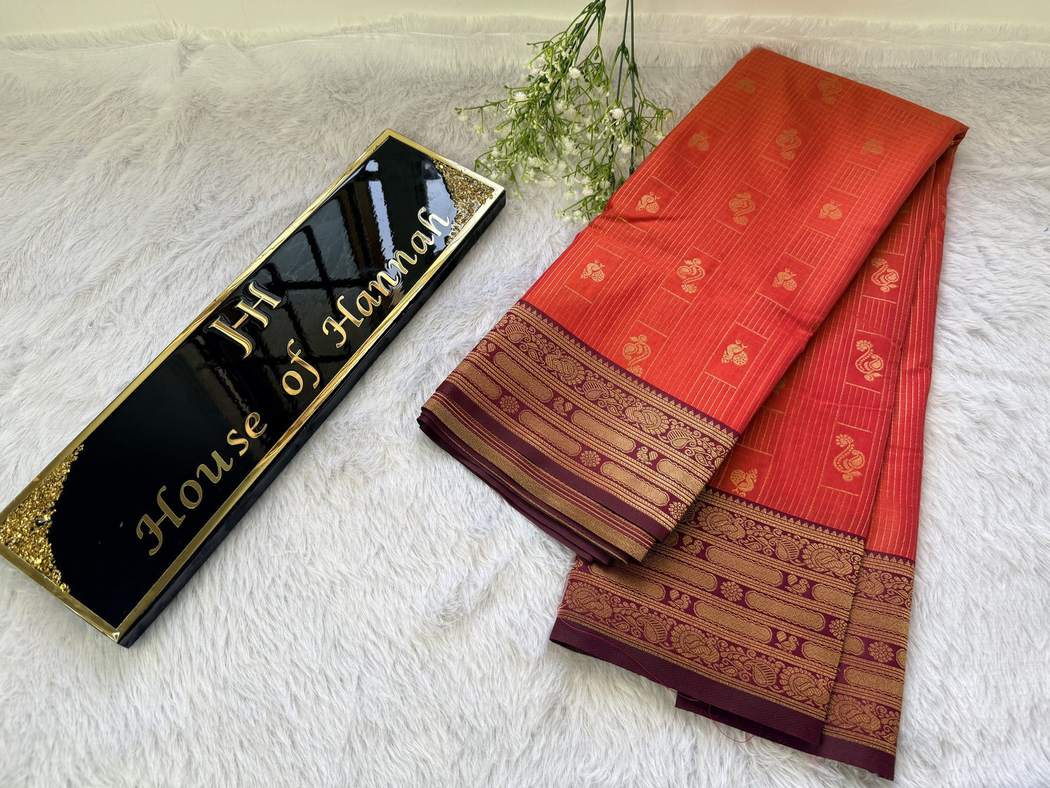 Rust orange handloom cotton saree
