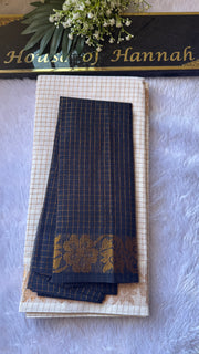 Sungudi cotton saree with cream gold-checked body and navy floral zari border
