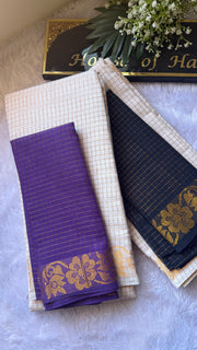 Sungudi cotton sarees in navy and purple shown together