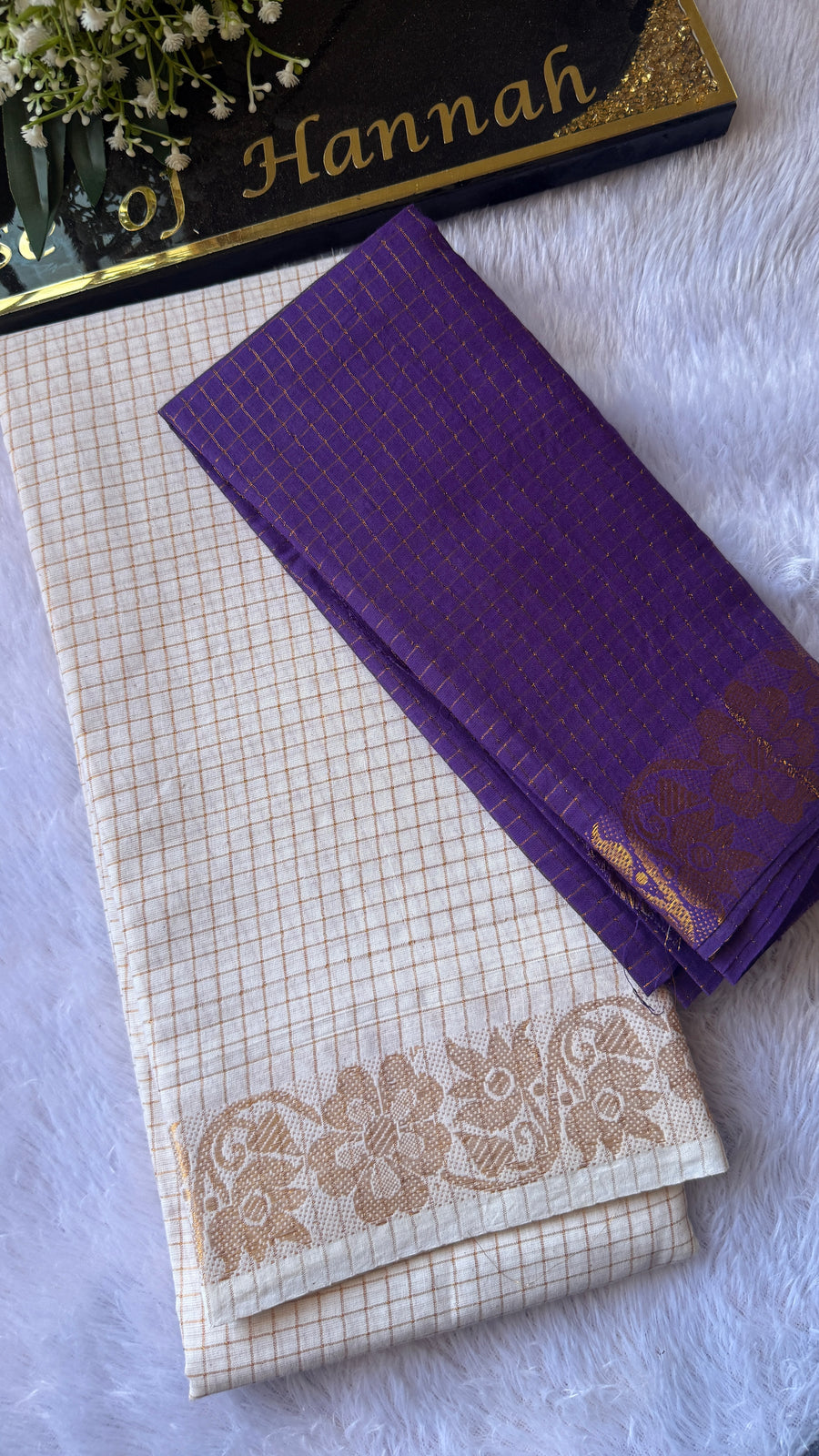 Sungudi cotton saree with cream gold-checked body and purple floral zari border
